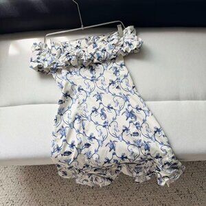 Agua by Agua Bendita Blue White Off Shoulder Mini Dress Floral Ruffle Resort Dre